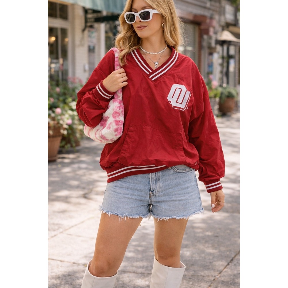 Oklahoma Sooners Red V-Neck Windbreaker Pullover Jacket Women Small OU Logo‎